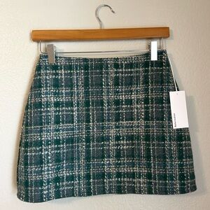 NWT, Reformation Jennie Green/Blue/Cream Plaid Tweed Preppy Mini Skirt, Size 0